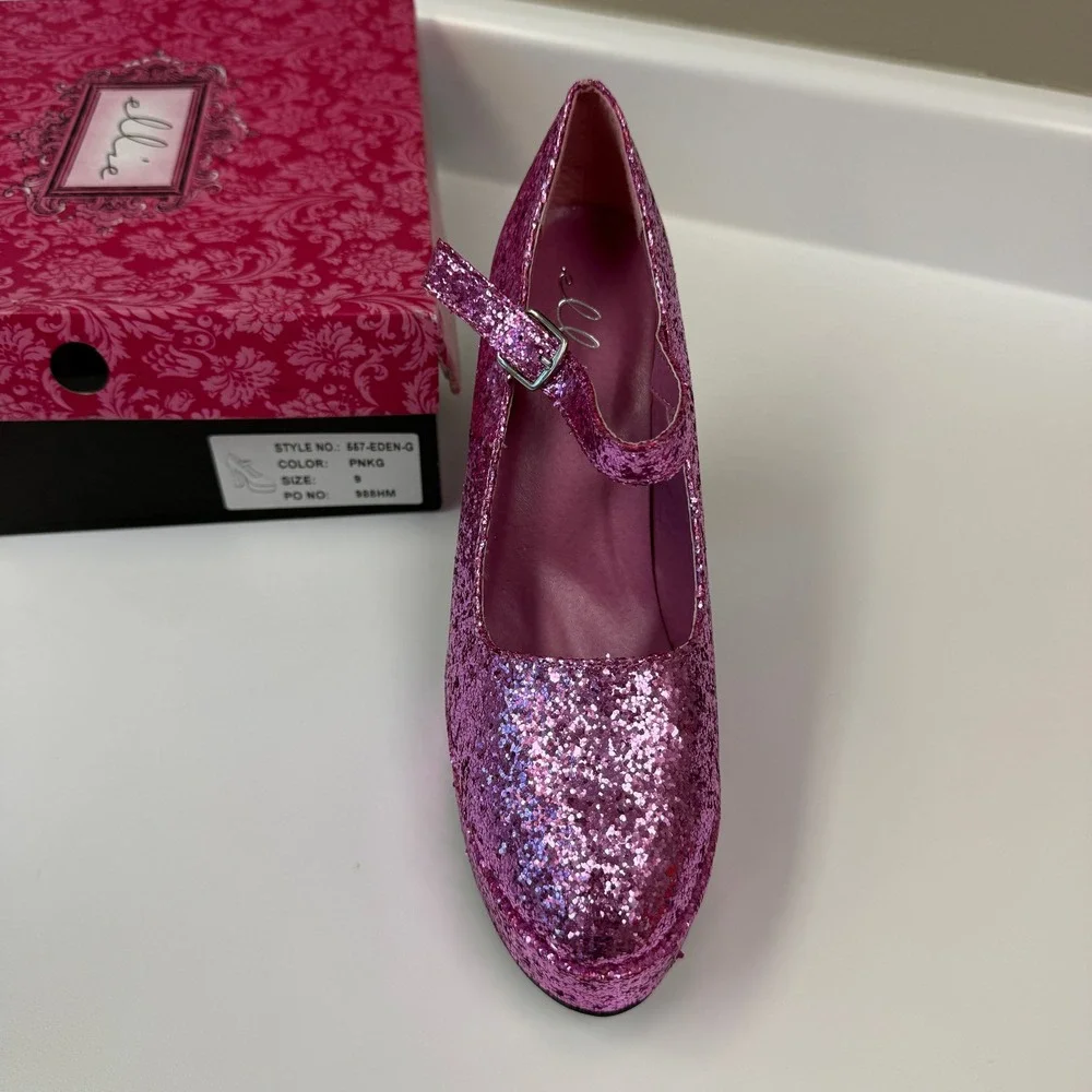 Ellie Shoes Pink Glitter Mary Jane Platform Chunky Heel 557-Eden-G Womens Size 9